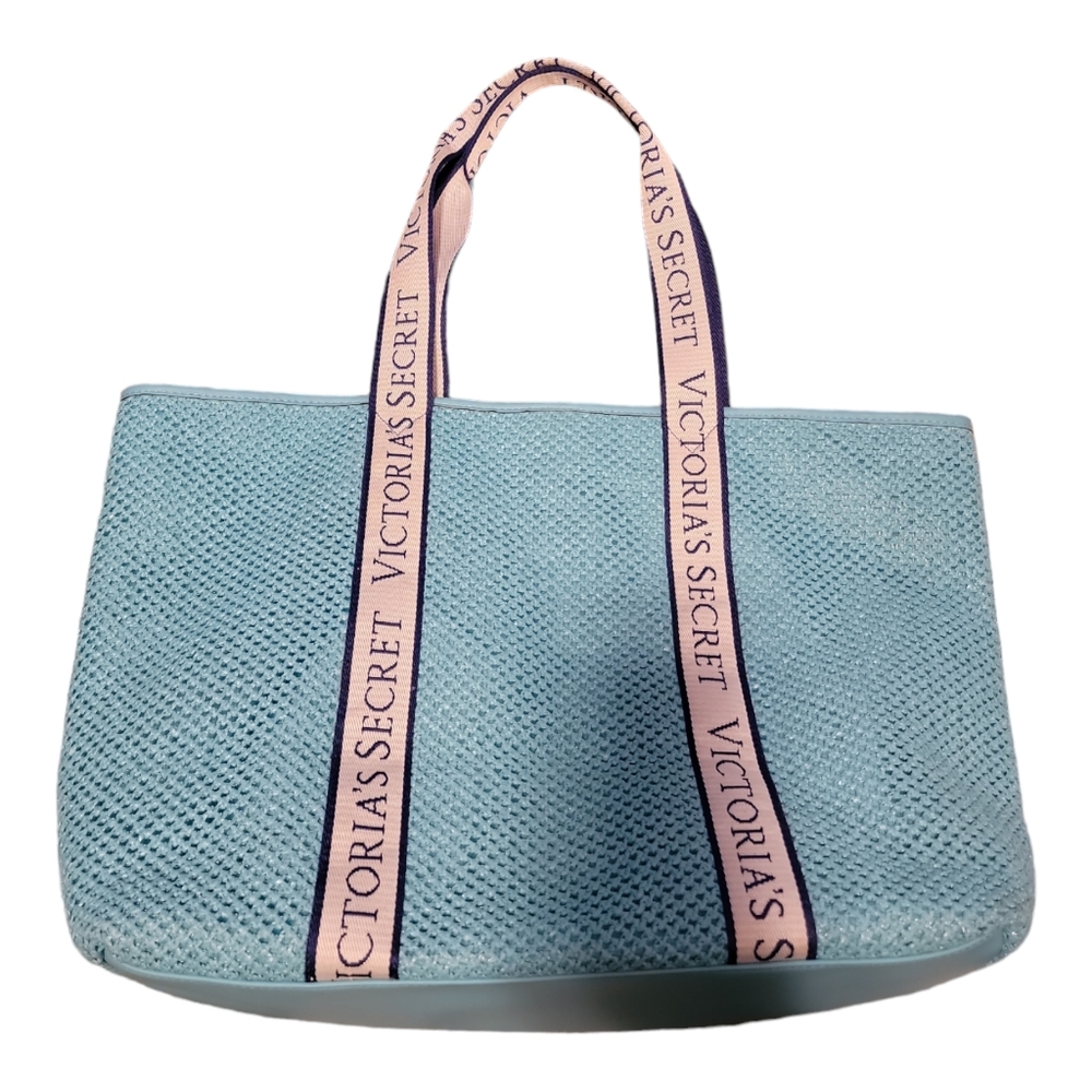 Victoria’s Secret Bombshell Isle Crocheted straw aqua blue tote bag